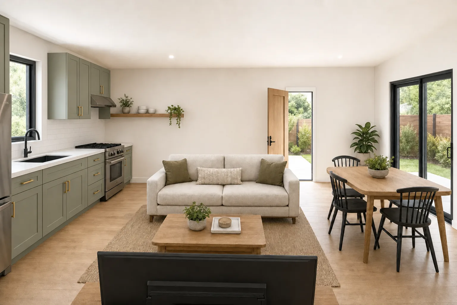 Garage Conversion, kitchen and living in sage green (design concept rendering)