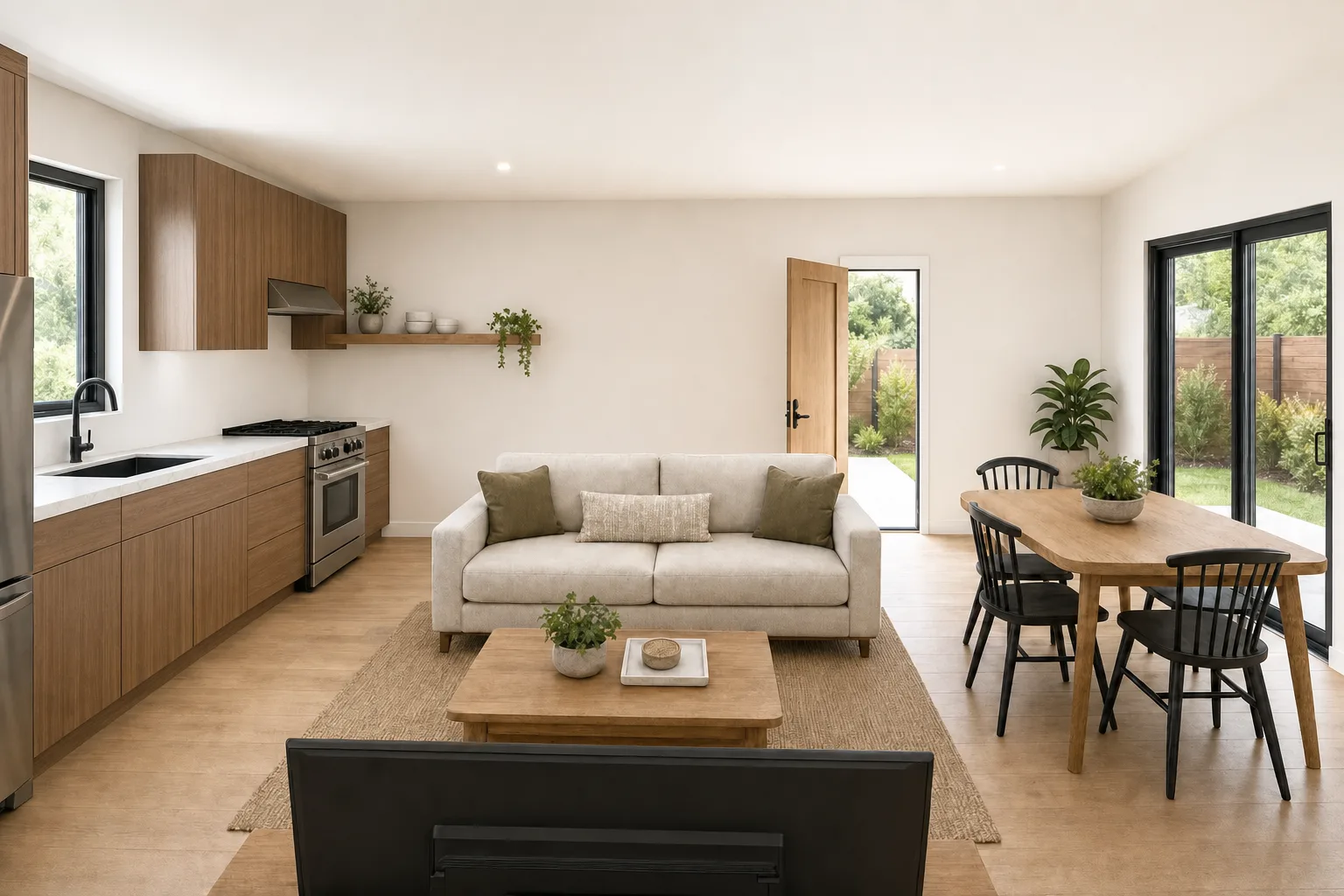 Garage Conversion, kitchen and living in walnut (design concept rendering)