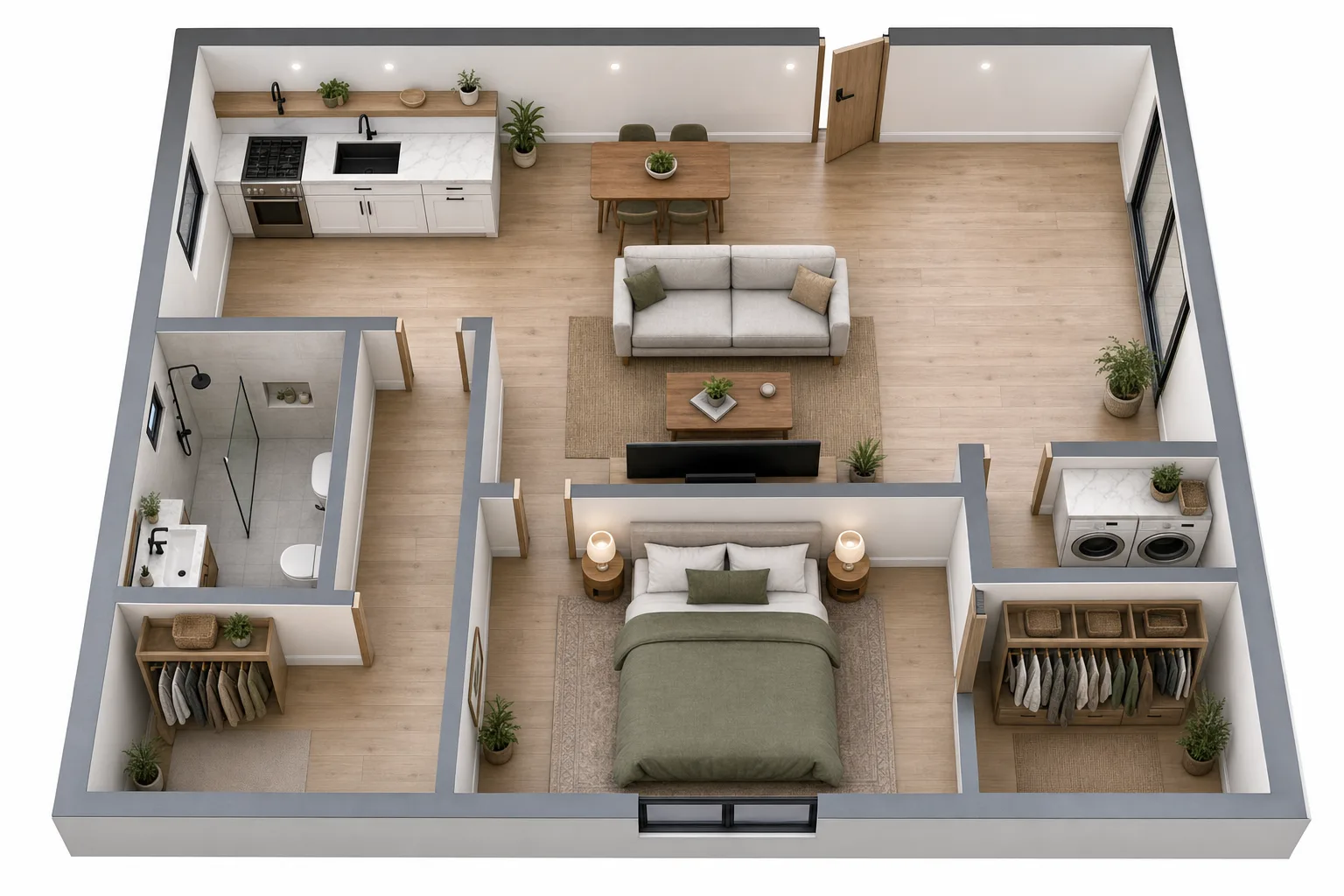 Garage Conversion, One bedroom: 3D cutaway floor plan with furniture (design concept rendering)