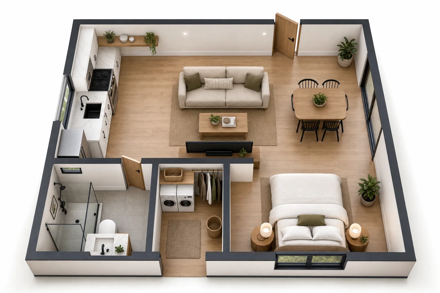 Garage Conversion, Open studio: 3D cutaway floor plan with furniture (design concept rendering)