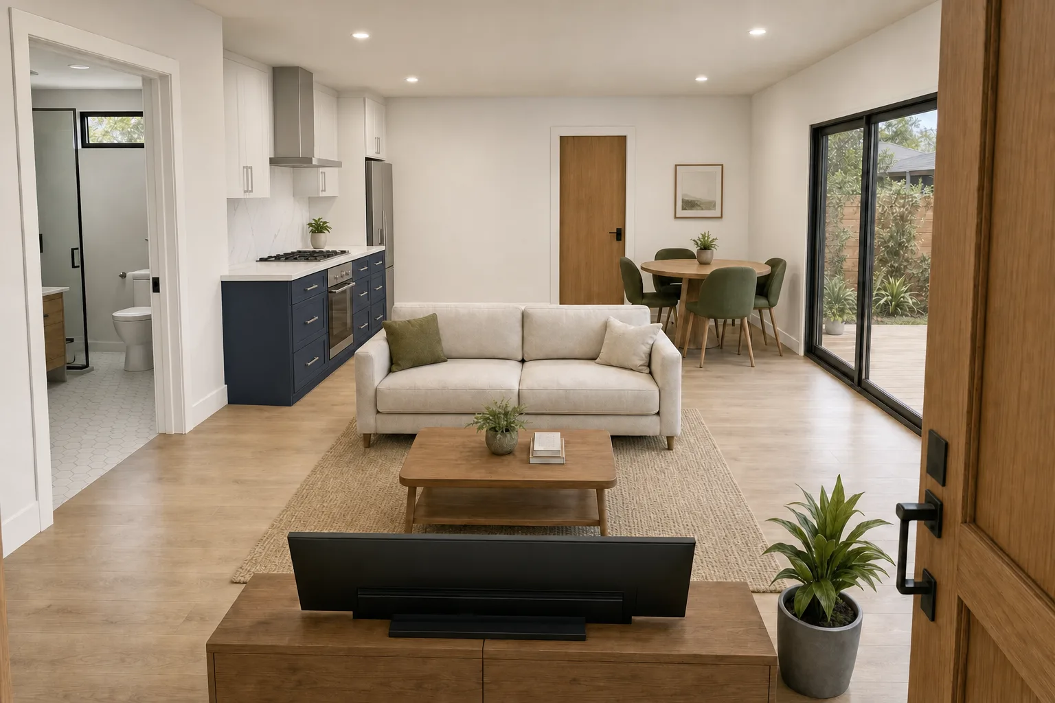 The Studio, kitchen and living in navy & white (design concept rendering)