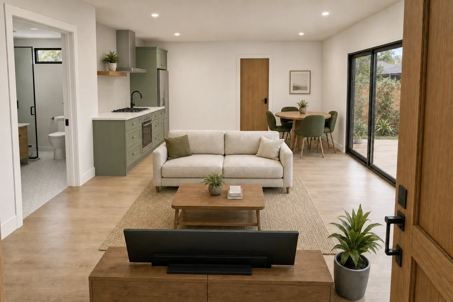 The Studio, kitchen and living in sage green (design concept rendering)