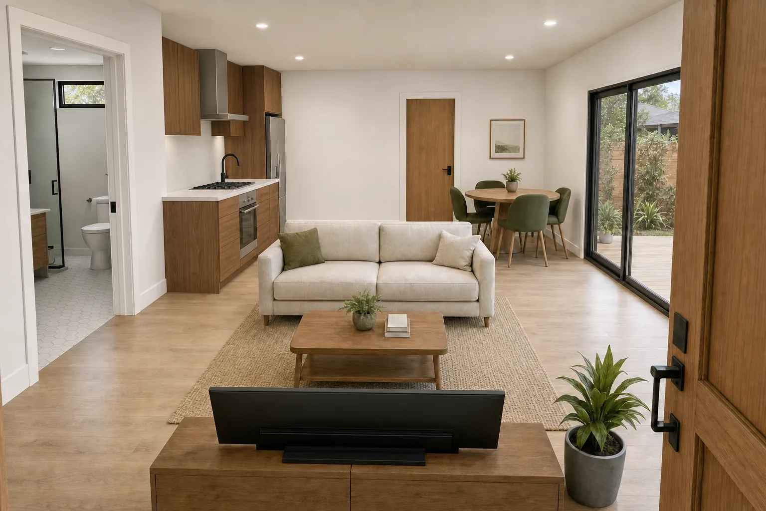 The Studio, kitchen and living in walnut (design concept rendering)