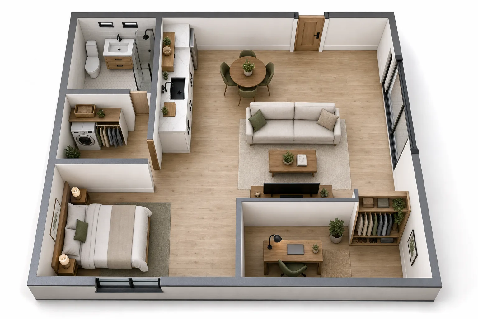 The Studio, Studio with sleeping alcove: 3D cutaway floor plan with furniture (design concept rendering)