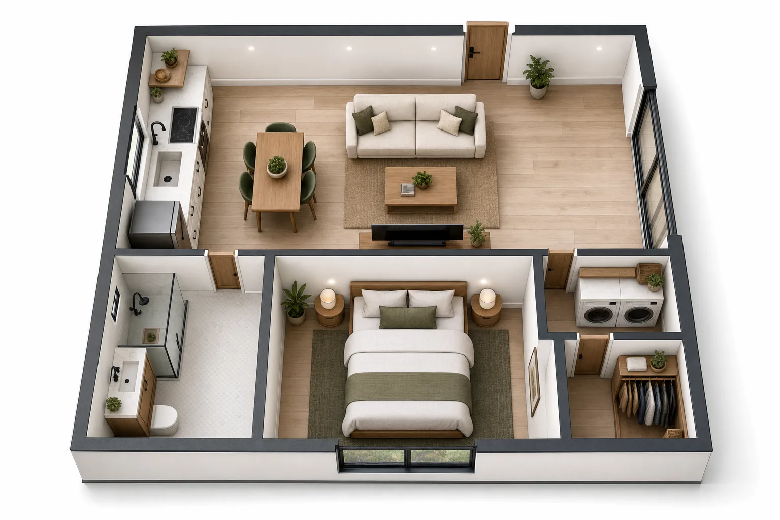 The Studio, One bedroom, 20 ft wide: 3D cutaway floor plan with furniture (design concept rendering)