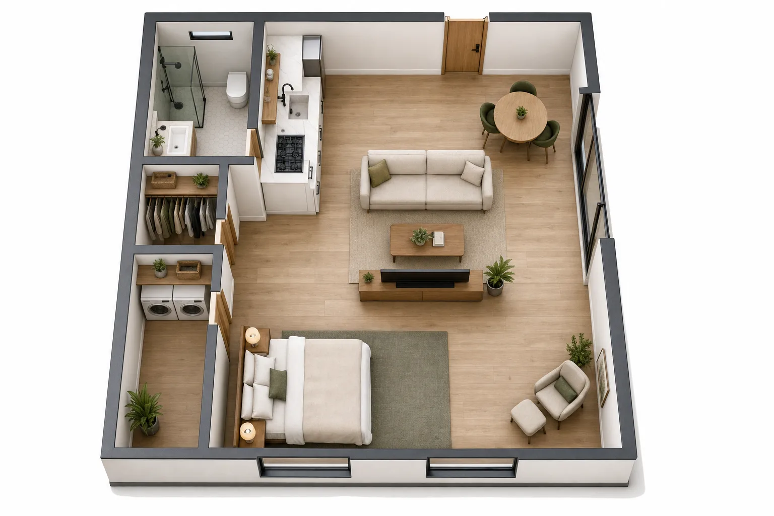 The Studio, Open studio: 3D cutaway floor plan with furniture (design concept rendering)