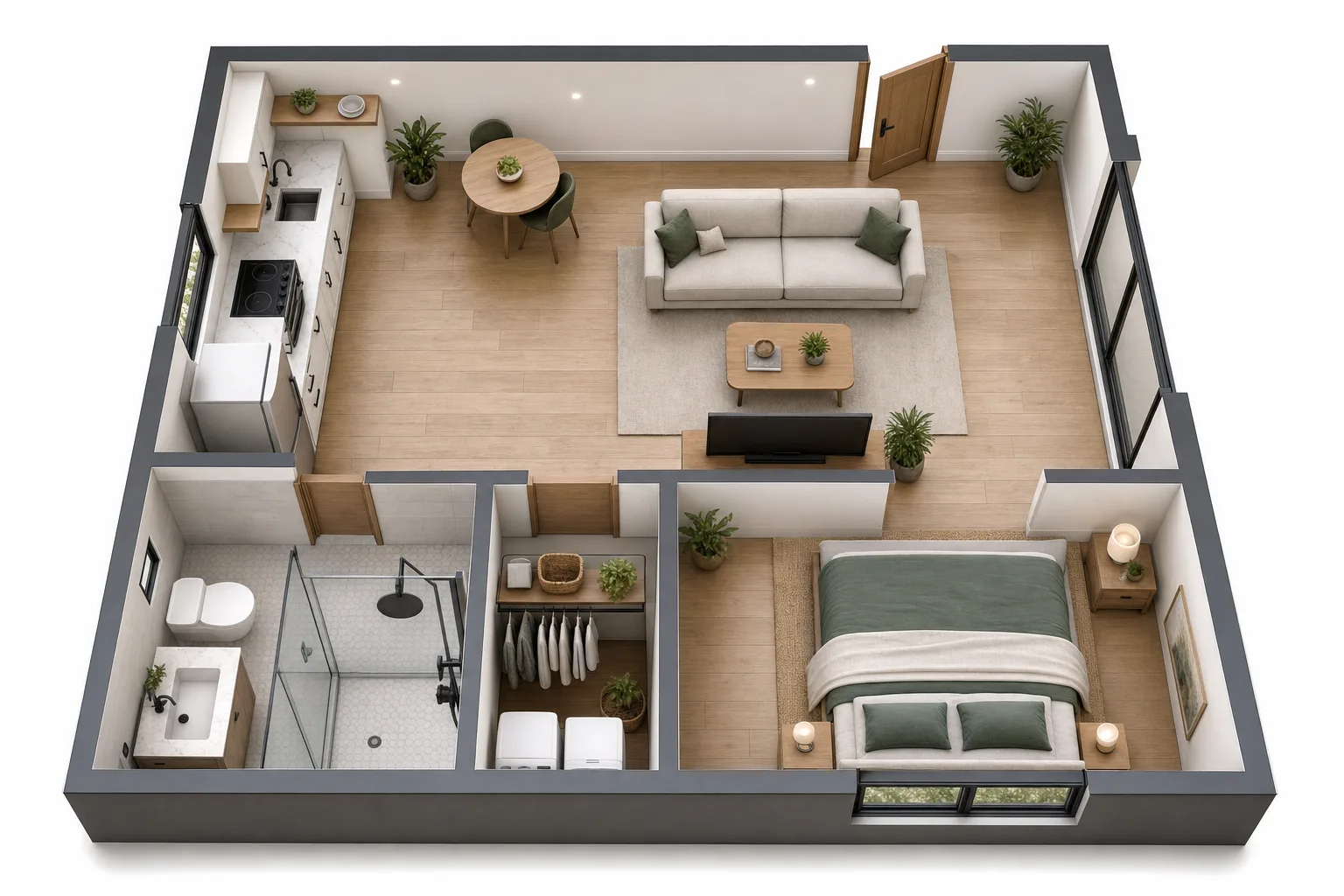 The Studio, Open studio, 20 ft wide: 3D cutaway floor plan with furniture (design concept rendering)