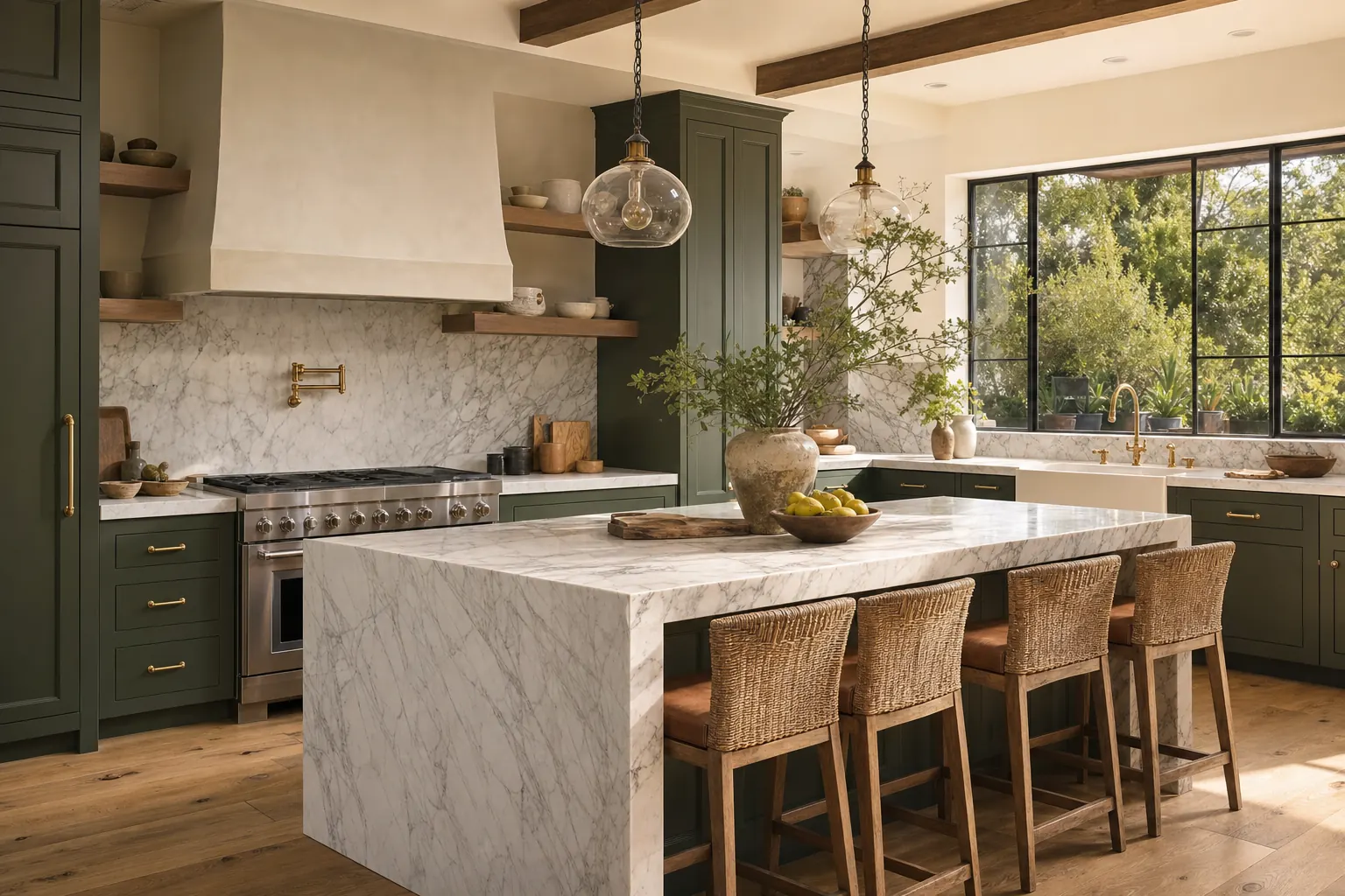 Chef's kitchen with a marble waterfall island, olive-green custom cabinetry and a professional range (design concept rendering)