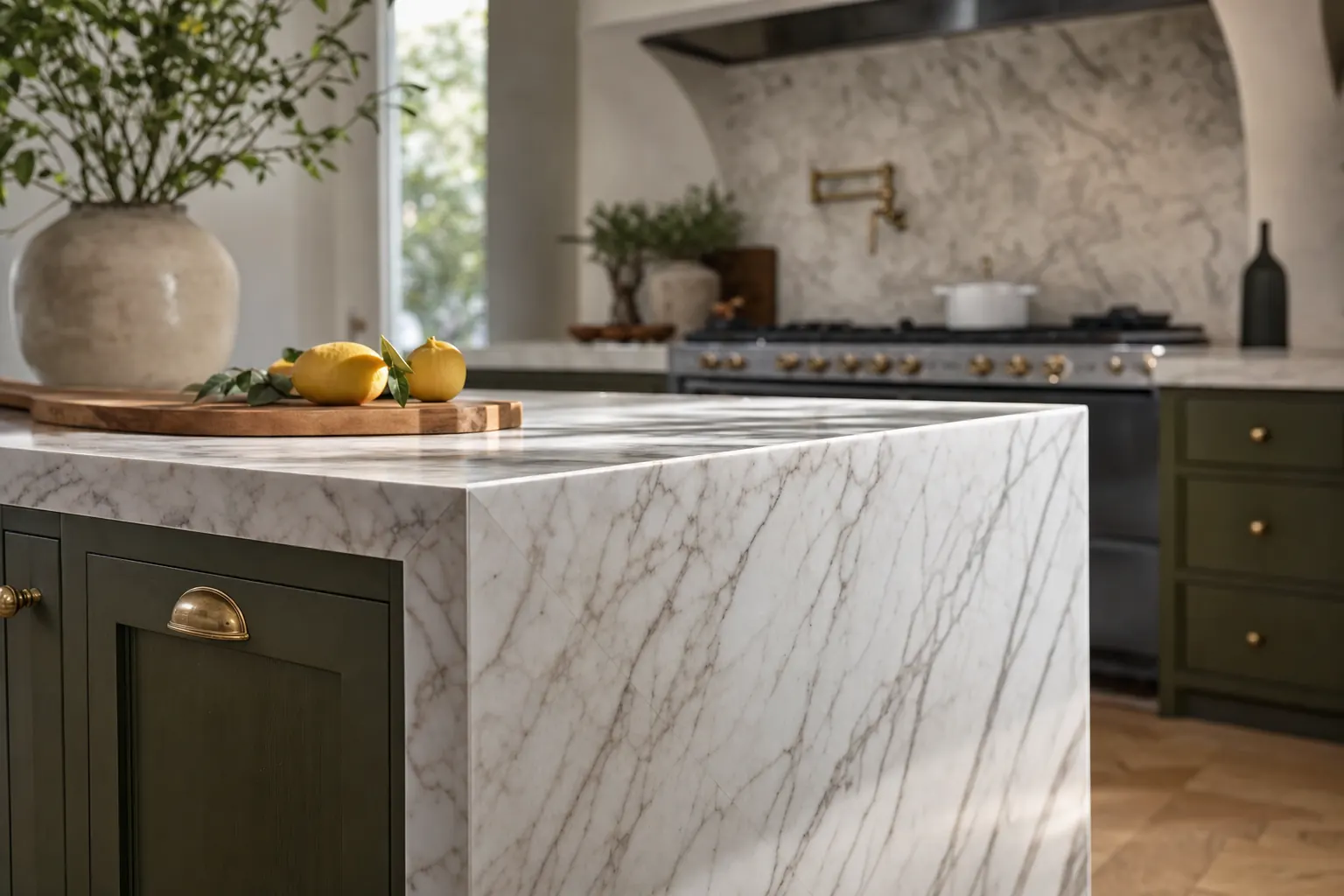 Detail of a marble waterfall island edge with olive-green inset cabinetry and brass hardware (design concept rendering)