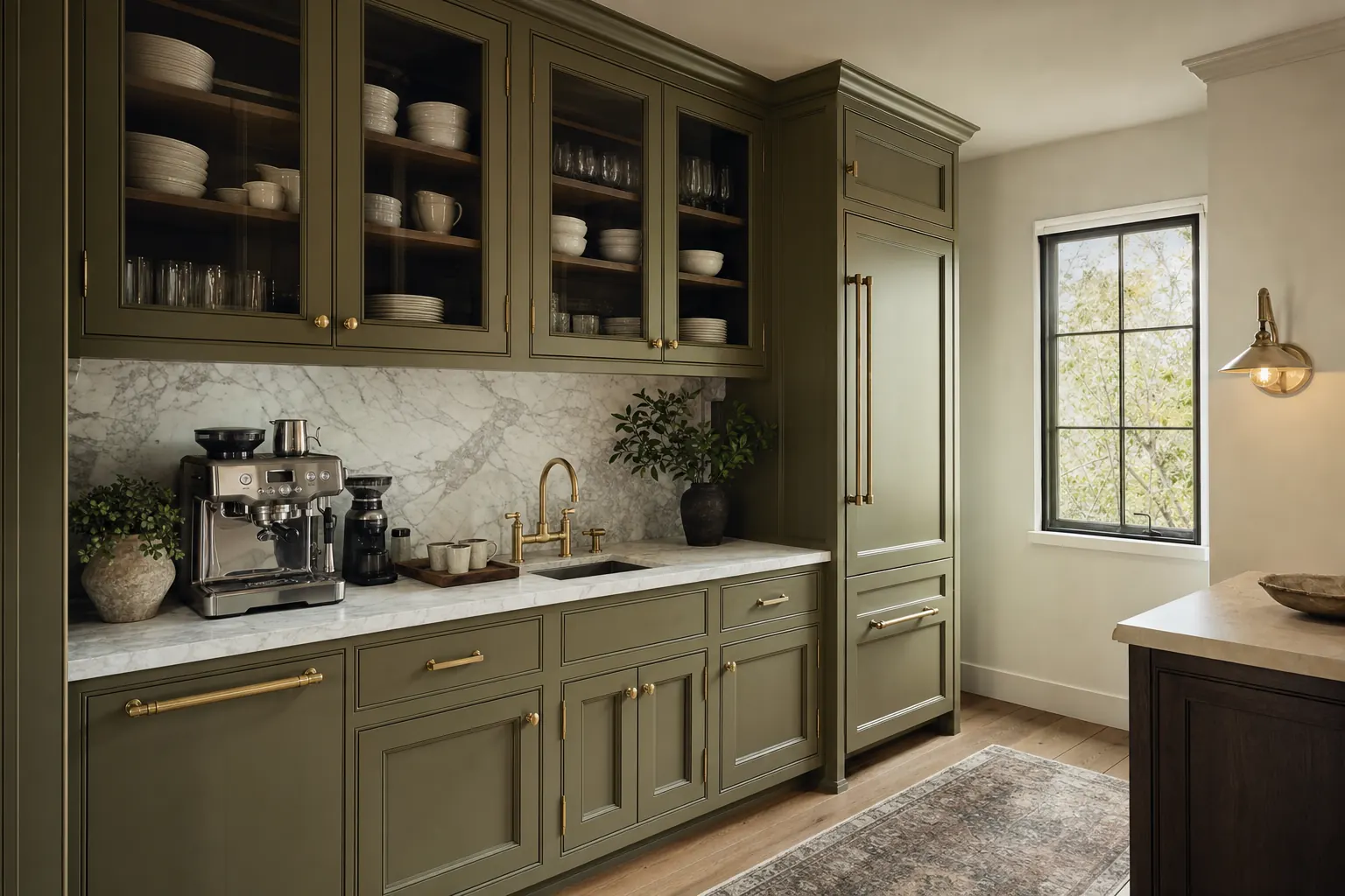 Butler's pantry with custom olive-green cabinetry, marble counters and a brass bar faucet (design concept rendering)