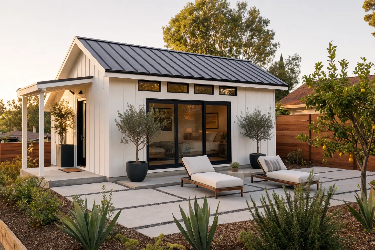 Detached backyard ADU with board-and-batten siding, glass sliding door and a private patio (design concept rendering)