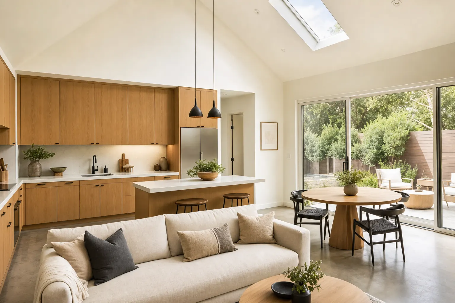 Bright open kitchen and living area inside a detached ADU with oak cabinets and a vaulted ceiling (design concept rendering)