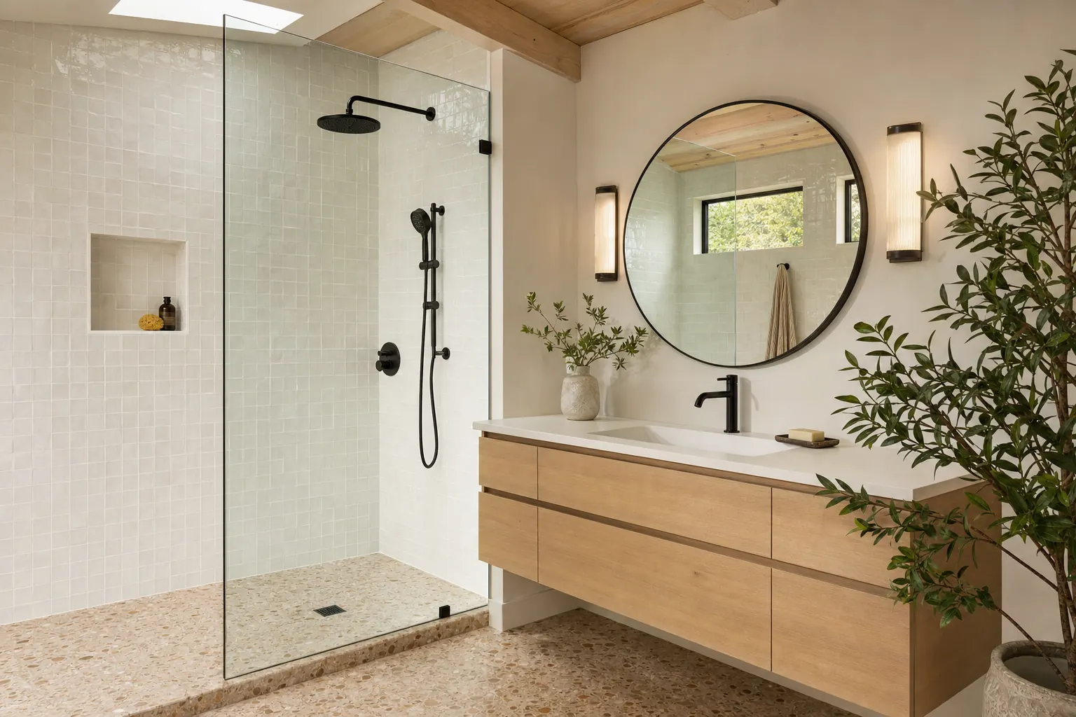 Compact ADU bathroom with a curbless zellige-tiled shower and floating oak vanity (design concept rendering)