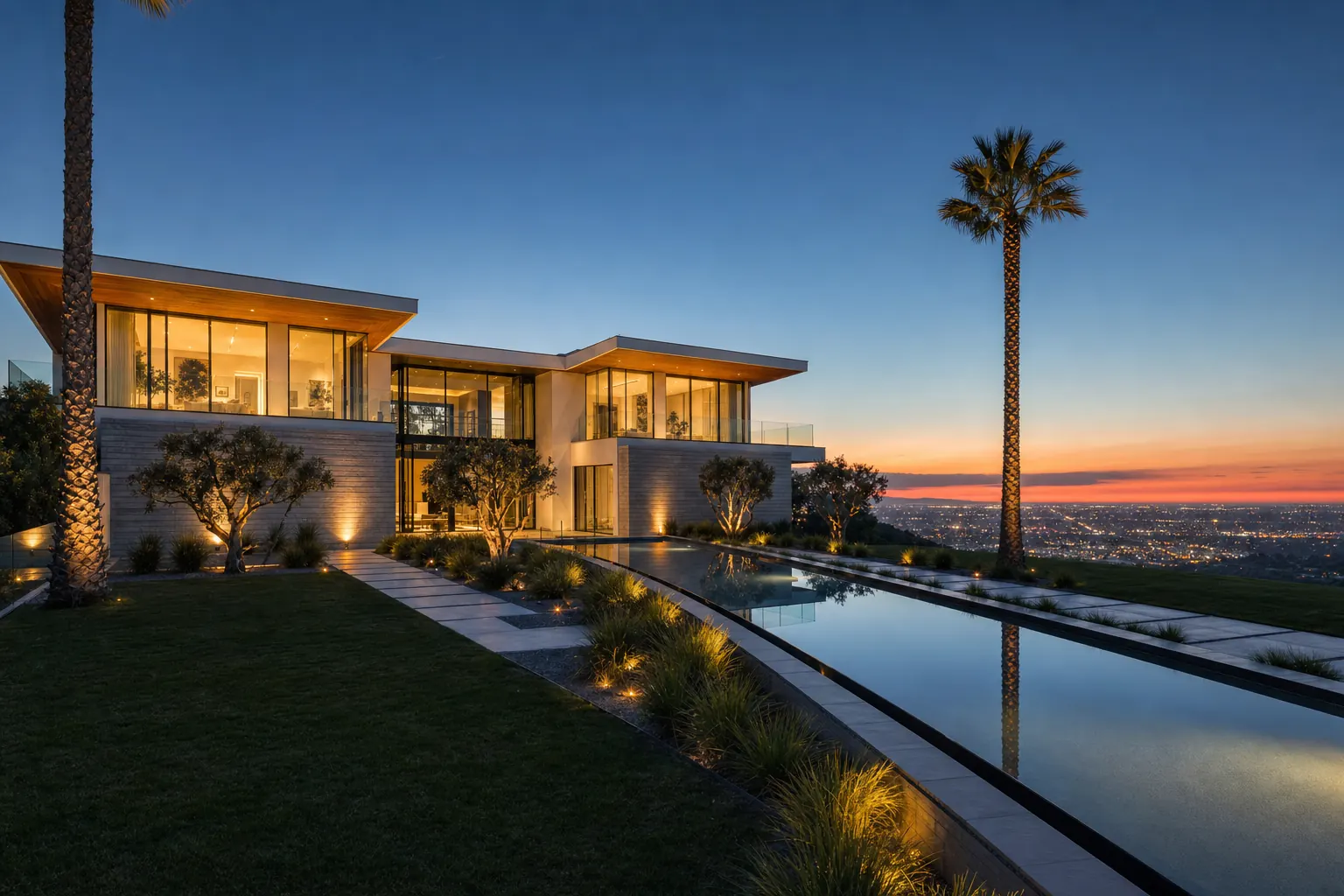 Modern hillside home at dusk, white stucco volumes and glass walls glowing above an infinity pool with city lights below (design concept rendering)