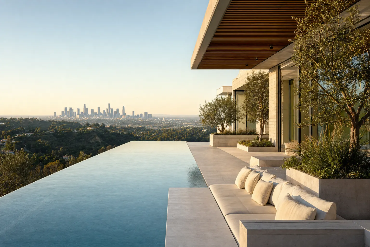 Limestone pool terrace with an infinity-edge pool and cedar shade canopy overlooking the Los Angeles skyline (design concept rendering)