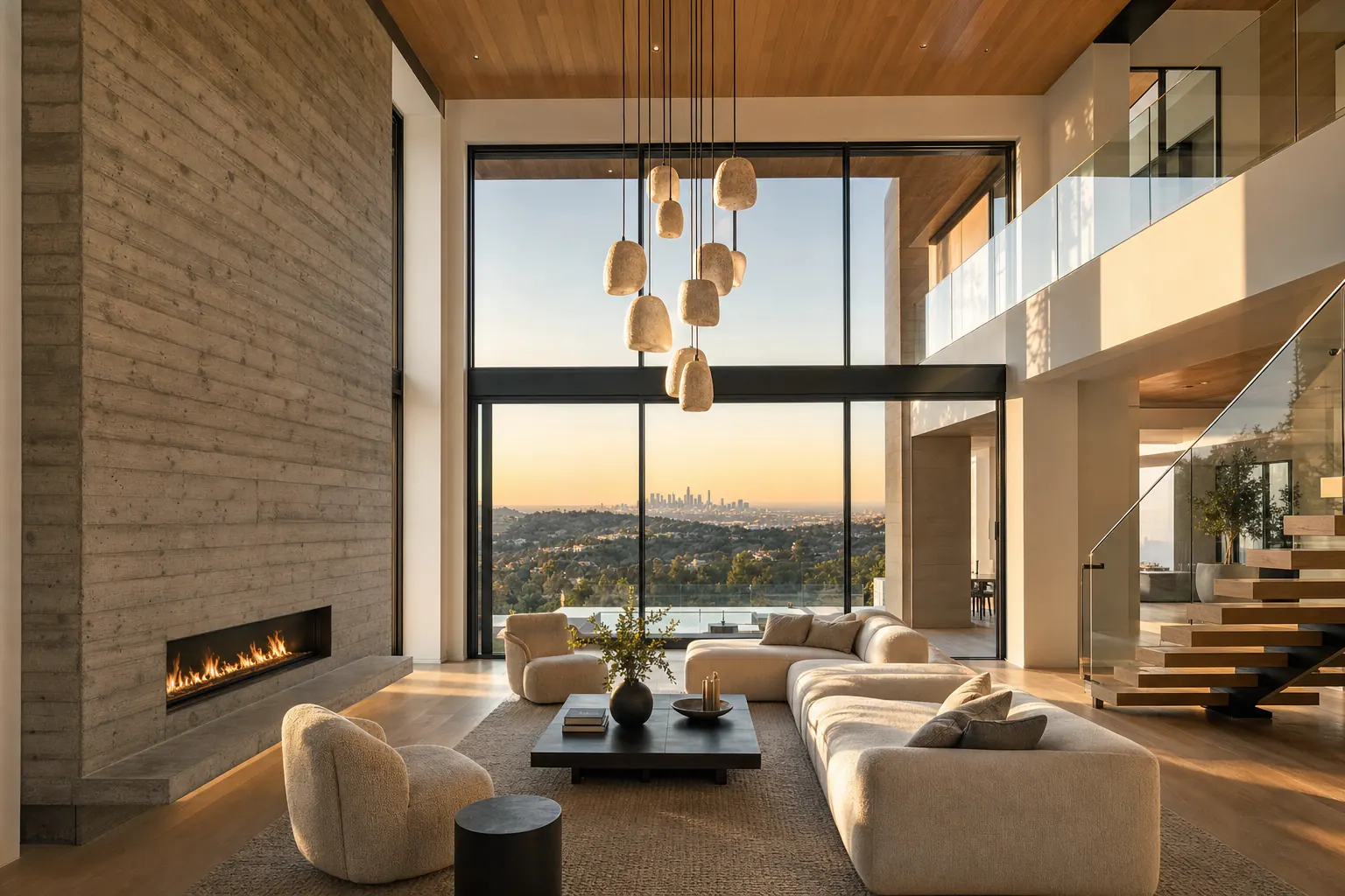 Double-height living room with a full glass wall, concrete fireplace, cedar ceiling and oak floors (design concept rendering)