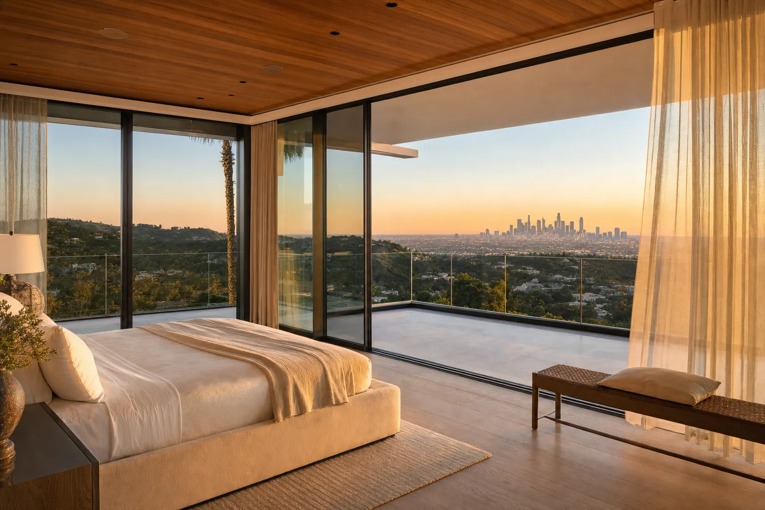 Primary suite with oak floors and a glass corner opening to a terrace with a city view (design concept rendering)