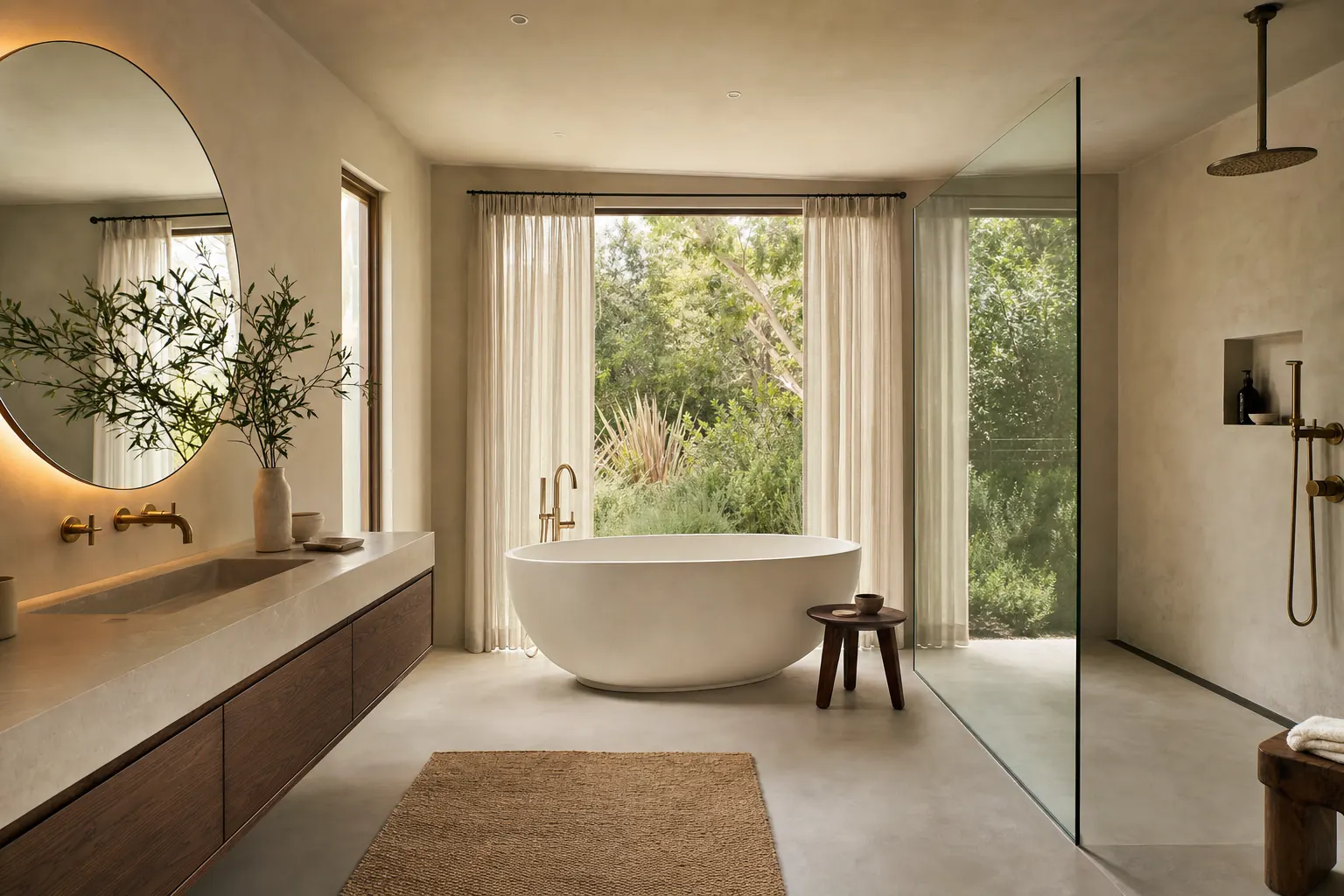 Spa primary bathroom with a freestanding tub, micro-cement walls and a floating walnut double vanity (design concept rendering)