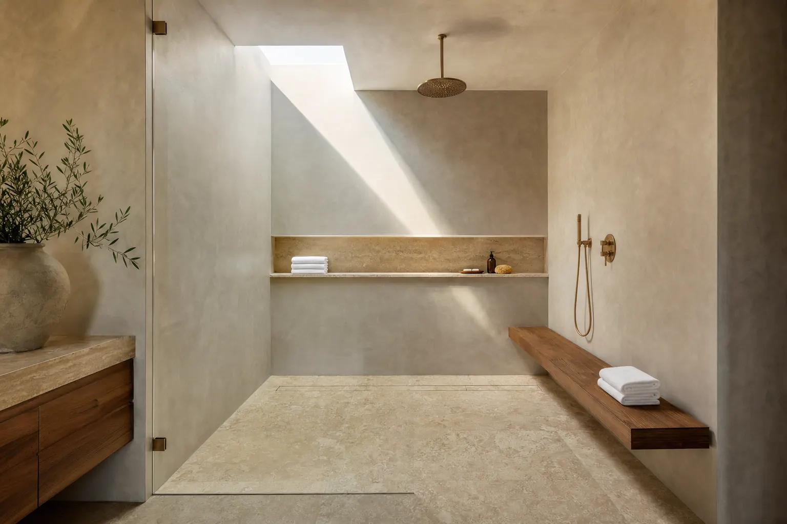 Curbless walk-in shower with micro-cement walls, travertine floor, brass fixtures and a skylight (design concept rendering)