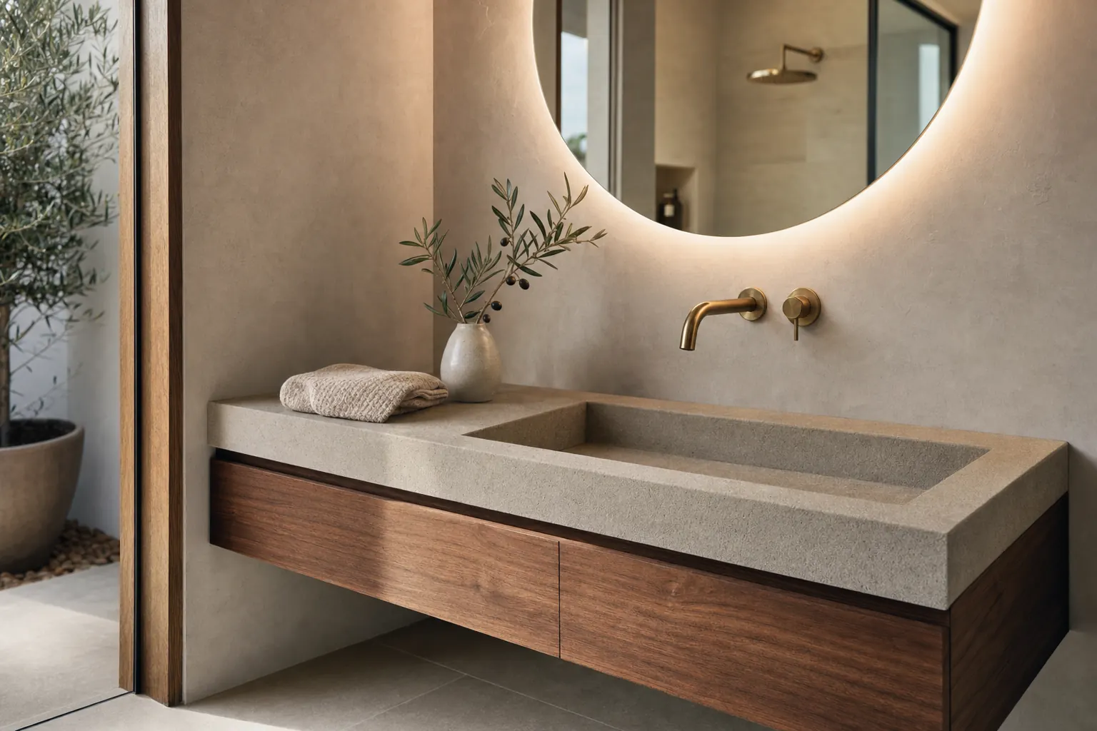 Floating walnut vanity with a stone basin, brushed brass faucet and backlit mirror (design concept rendering)