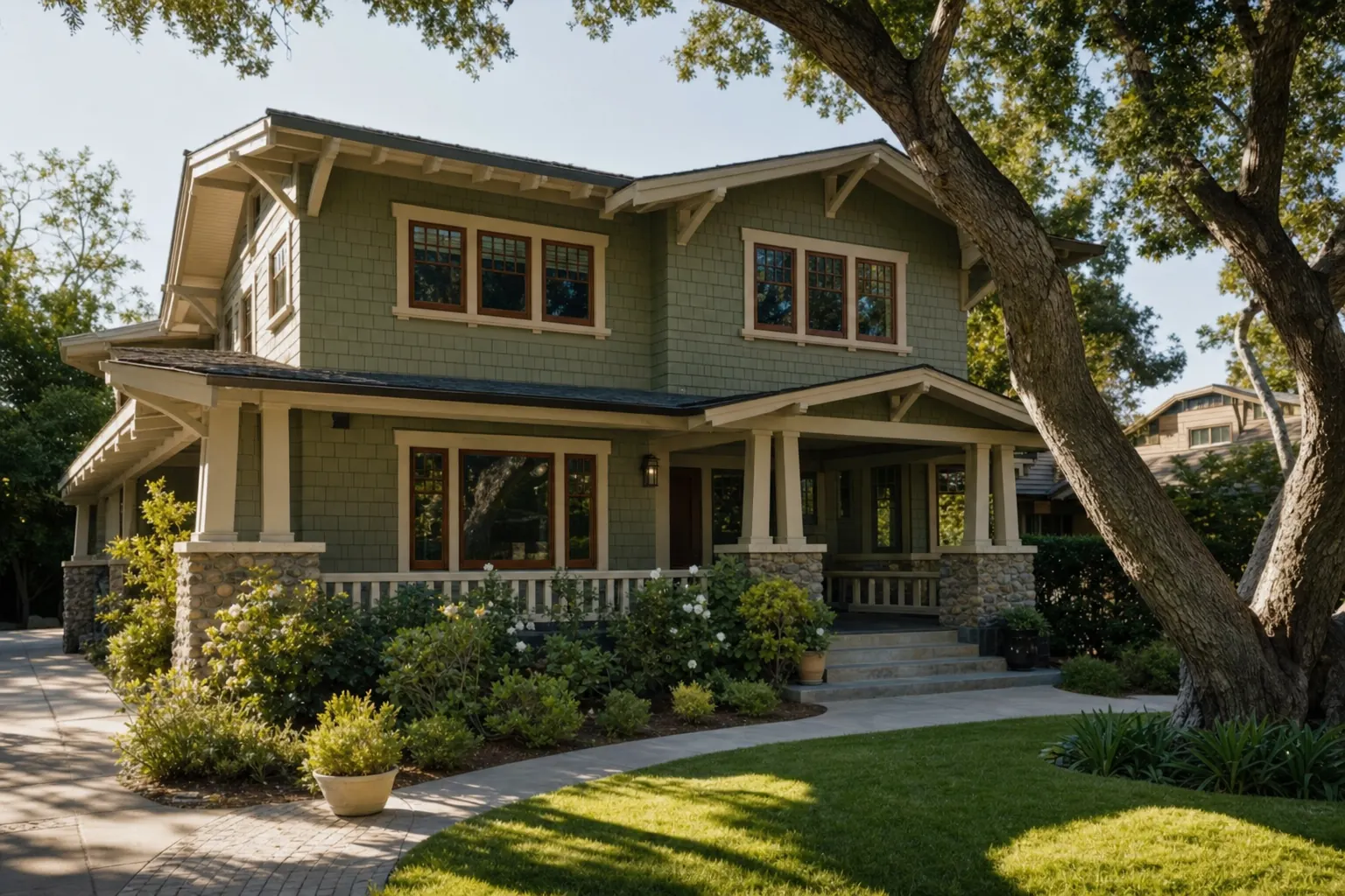 Craftsman bungalow with a seamless second-story addition, cedar shingles and a deep front porch (design concept rendering)
