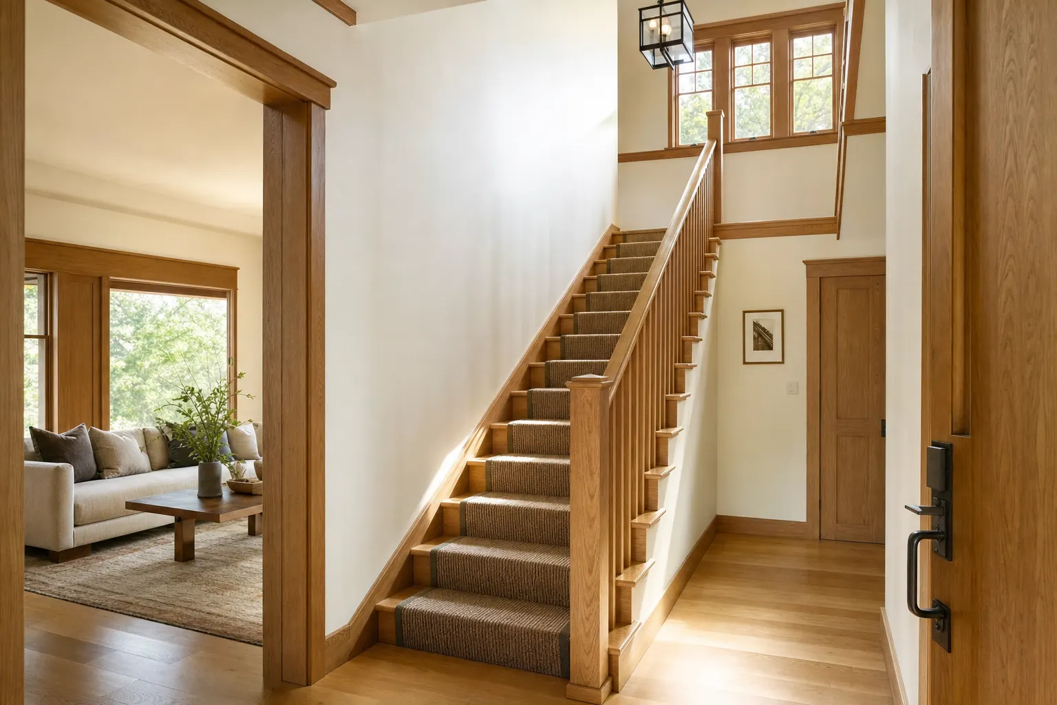 New white oak Craftsman-style stair rising to a sunlit landing with a window seat (design concept rendering)