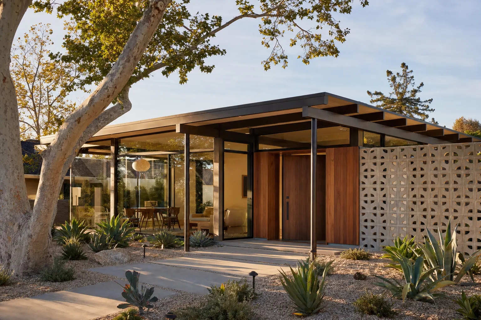 Renovated mid-century modern post-and-beam home with cedar siding, glass walls and a drought-tolerant garden (design concept rendering)
