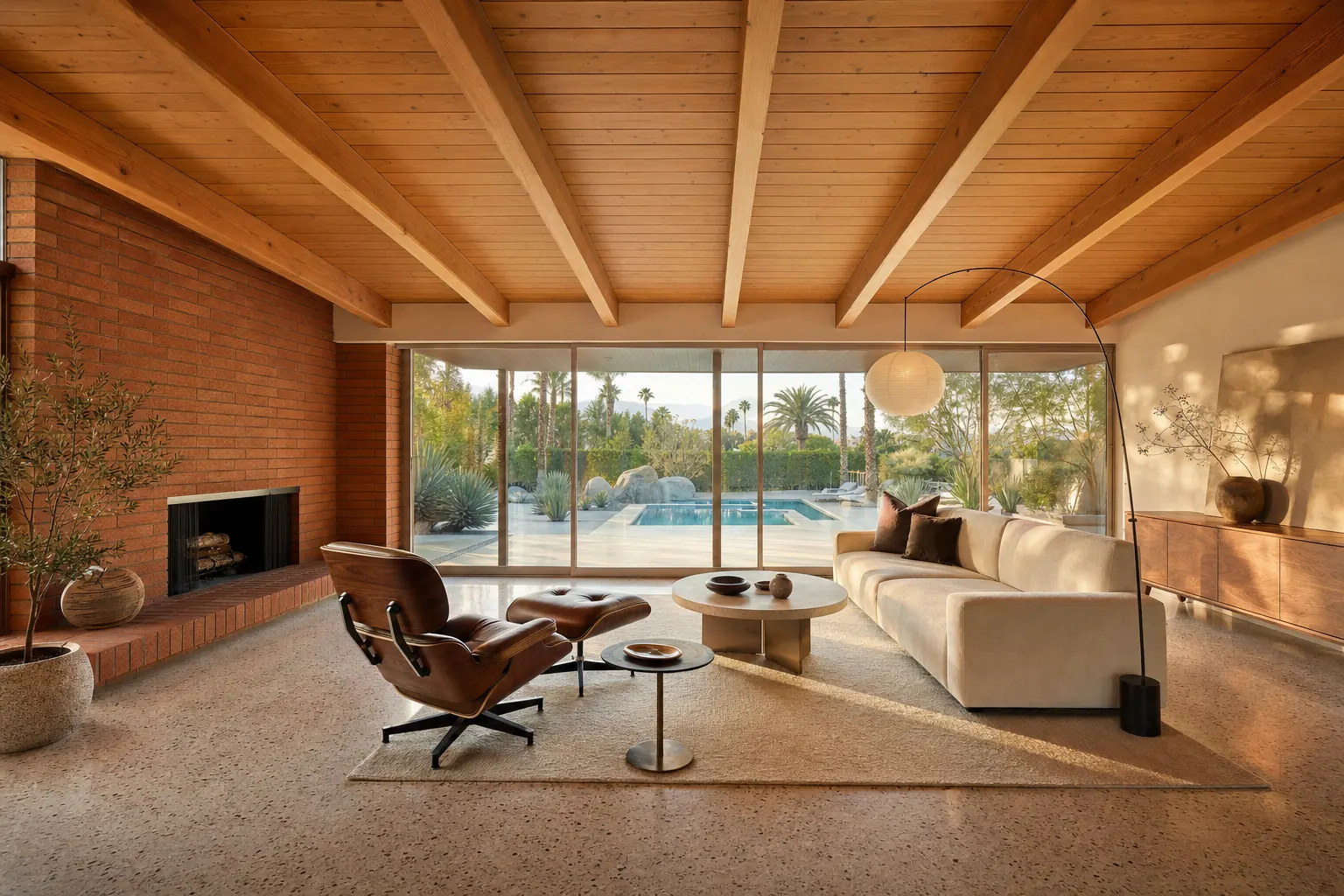 Mid-century great room with a post-and-beam fir ceiling, brick fireplace and a glass wall to the patio (design concept rendering)
