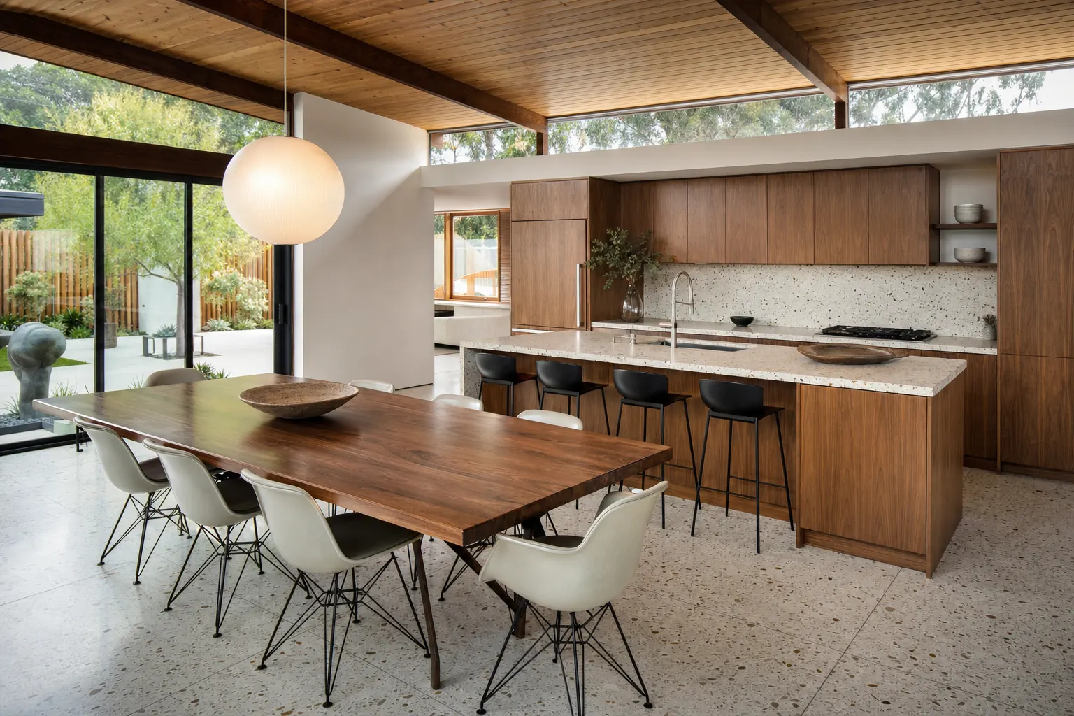 Mid-century dining area and walnut kitchen under a post-and-beam ceiling with clerestory windows (design concept rendering)
