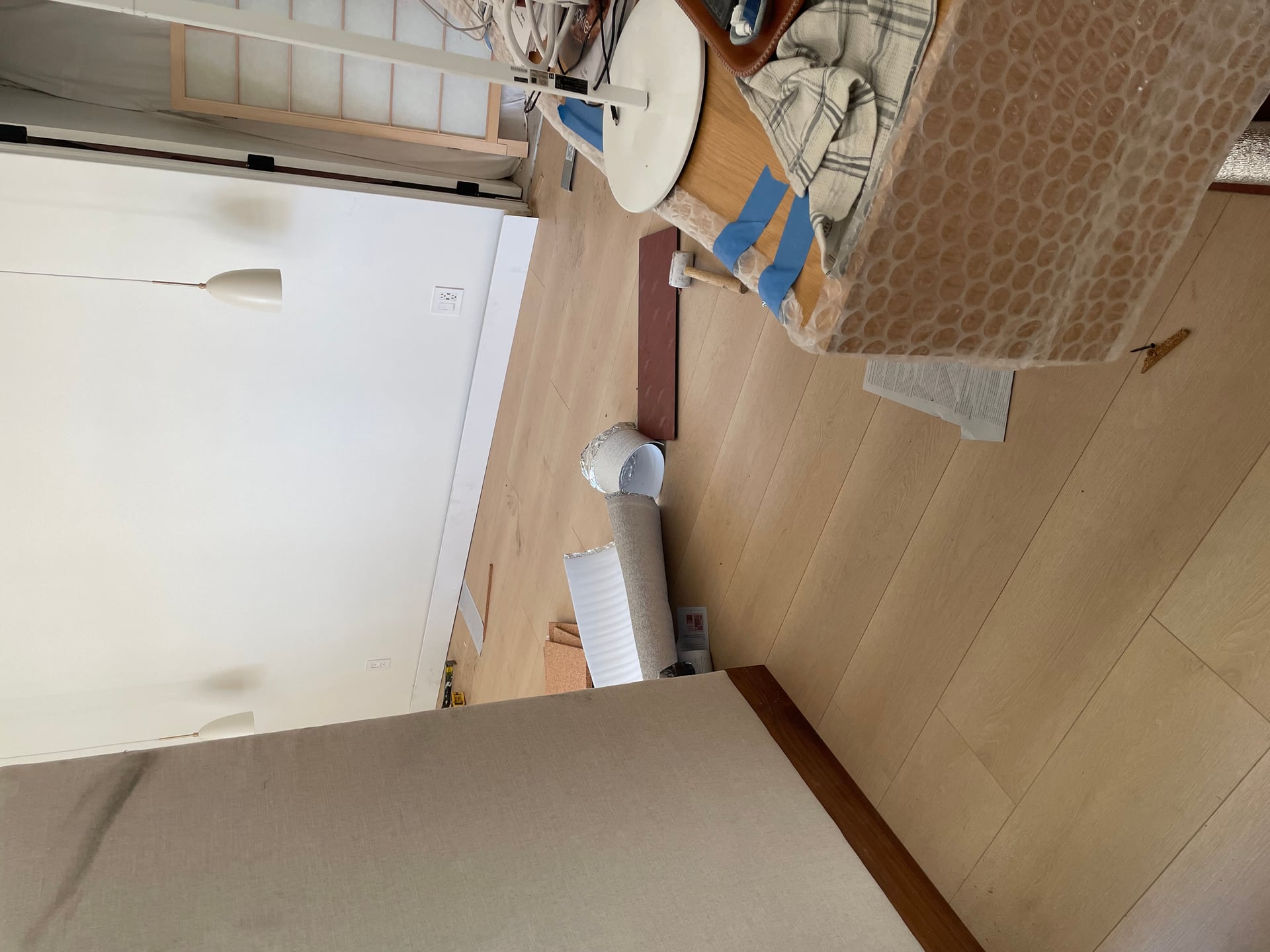 New kitchen Custom Kitchen installed client is super happy in the process of installing the flooring and the new staircase, preparing for entire townhome, faint and patio remodeling