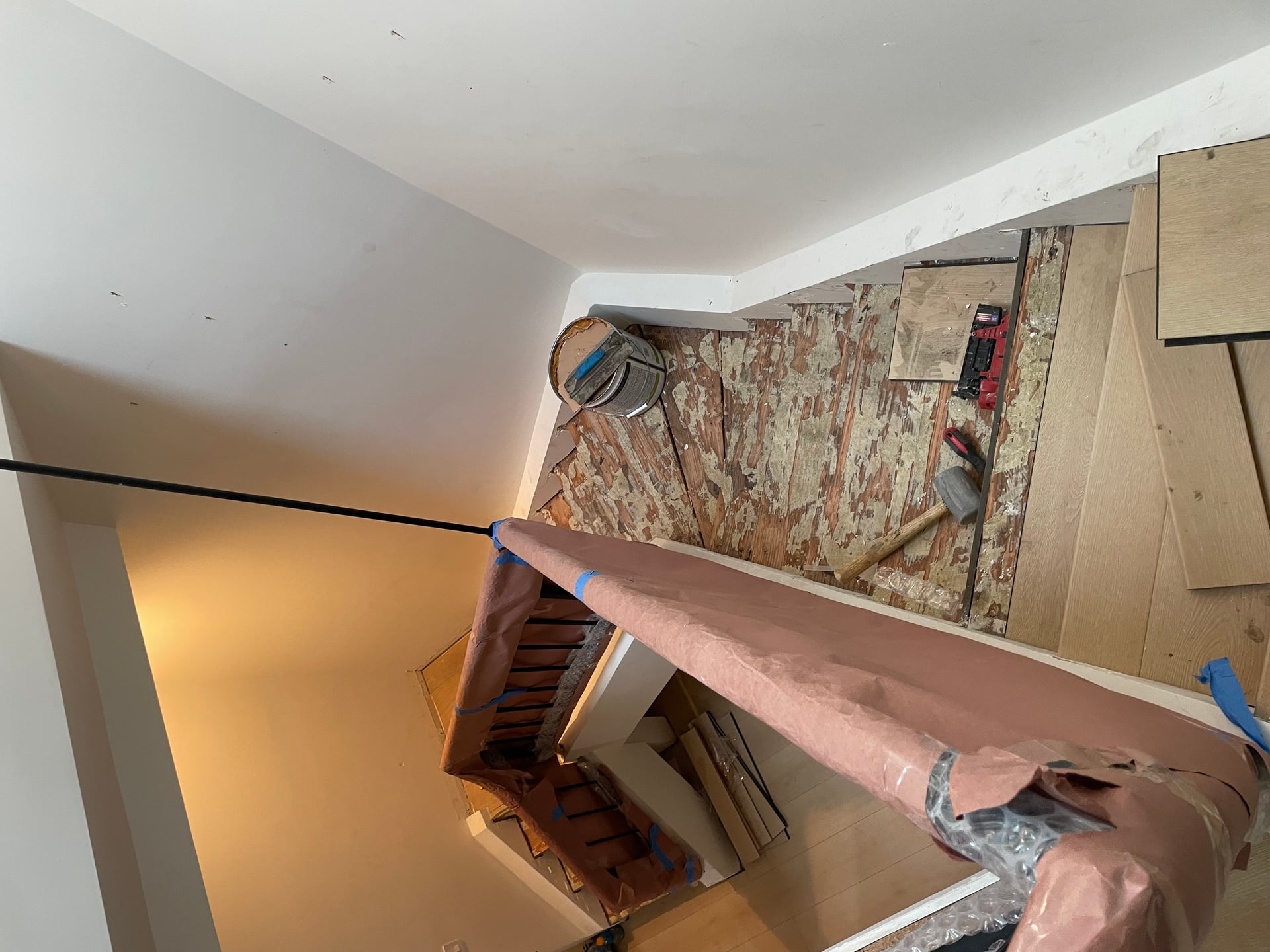 Demo existing kitchen and flooring and staircase, preparing for paying the entire townhome. Client is amazing amazed by the timeline saying she never worked with a contractor so efficient and fast looking forward to the next stage.